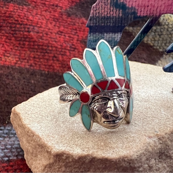 ❤️ Zuni Chief Inlaid Sterling Silver Southwestern Size 8.5 Ring 6.6gm - Picture 10 of 14